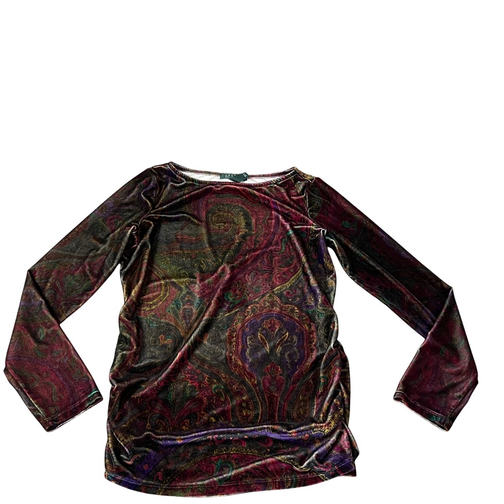 Lauren Ralph Lauren Paisley Velvet Ruched Side Top Burgundy Purple Gold Medium